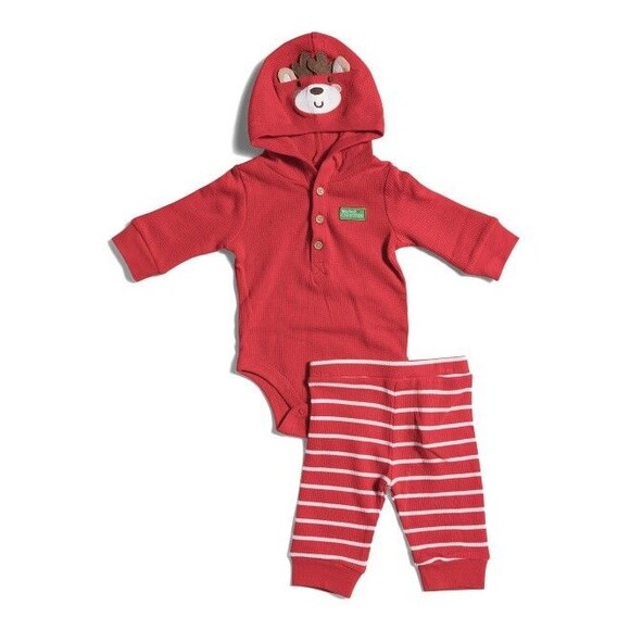 NEW Little Me  3 Mths "My First Christmas" Boys Bodysuit/Pants Set Reindeer Hood - Picture 1 of 12